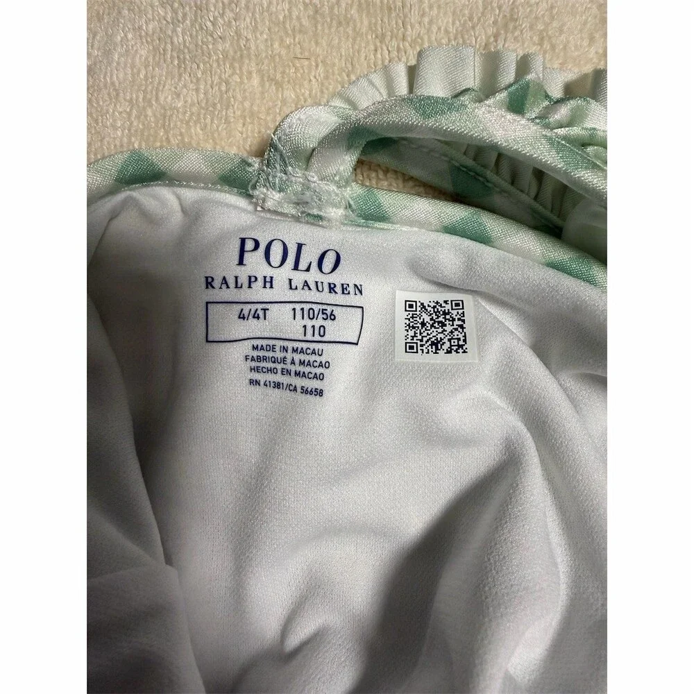 Polo Ralph Lauren Girls One Piece Swimsuit Size 4 Green Gingham Ruffle